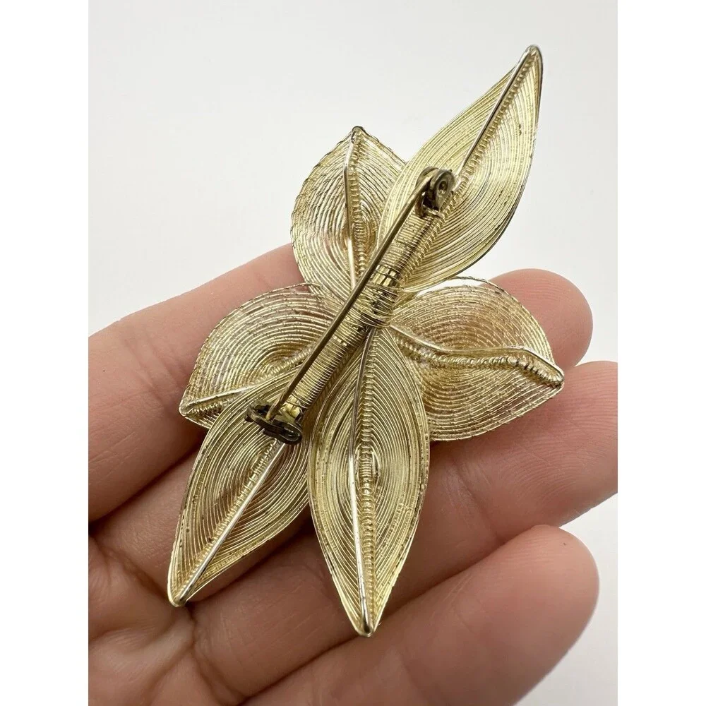 Germany Vintage 50's Spun Wire Flower Brooch Filigree Faux Pearl